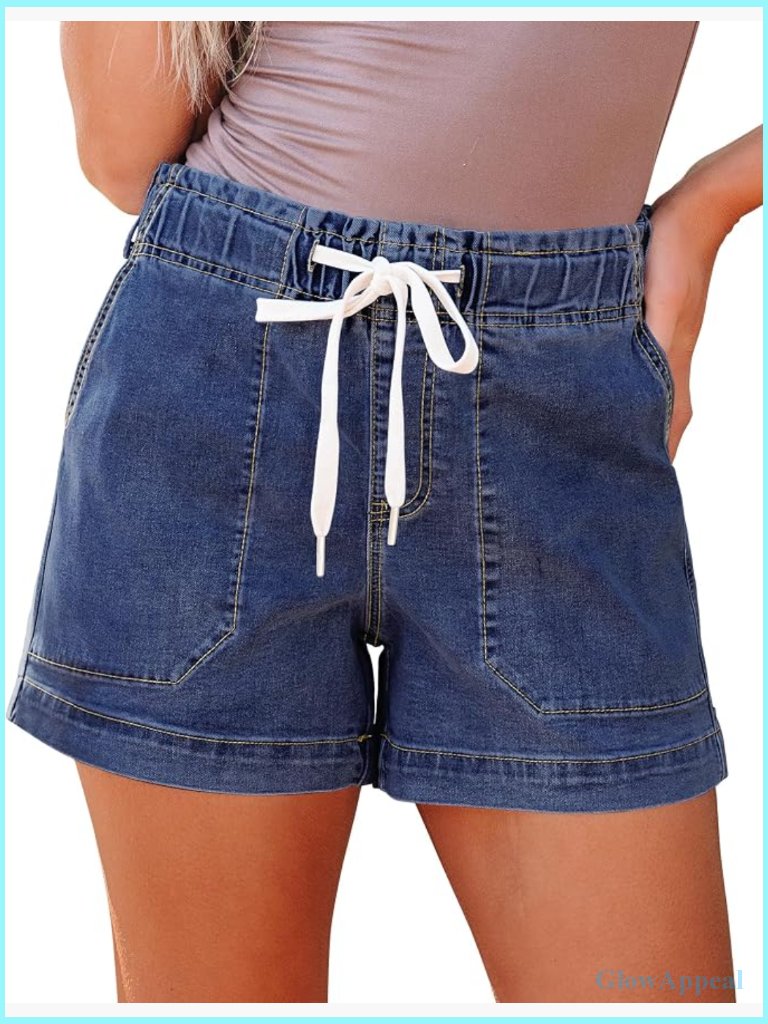High Waisted Pull On Drawstring Stretchy Denim Jorts Summer Shorts